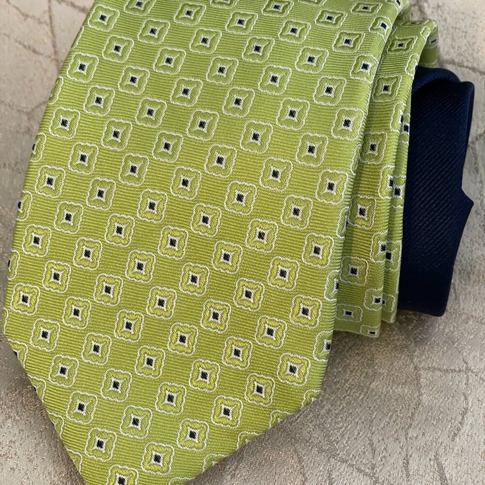 TOMMY HILFIGER Men’s Designer Green & Blue Geometric 100% Silk Tie 58" X 3.5"